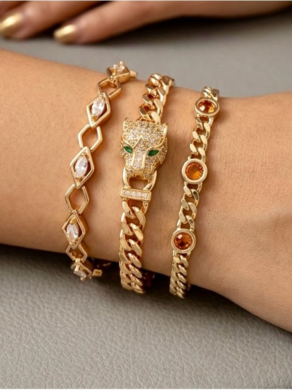 Gold Tone Panther Bracelet Set - Green Eye Cuban Link, Marquise & Red Gem